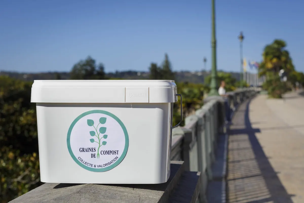 Un bac de collecte Graines de Compost posé sur un boulevard de Pau