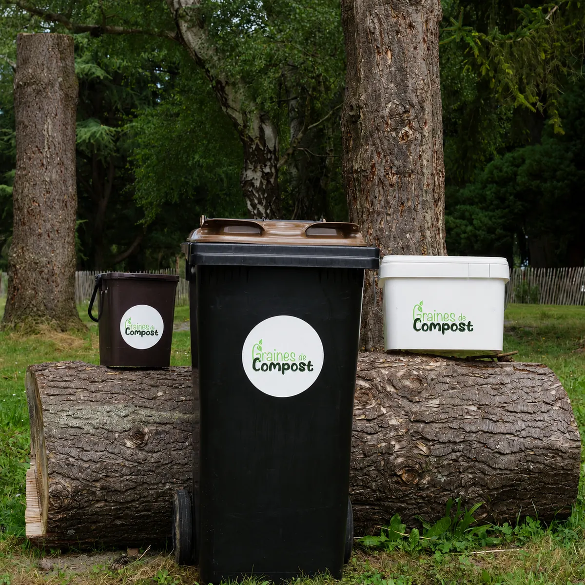 Bacs et seaux de collecte Graines de Compost de plusieurs contenances, posés sur un tronc