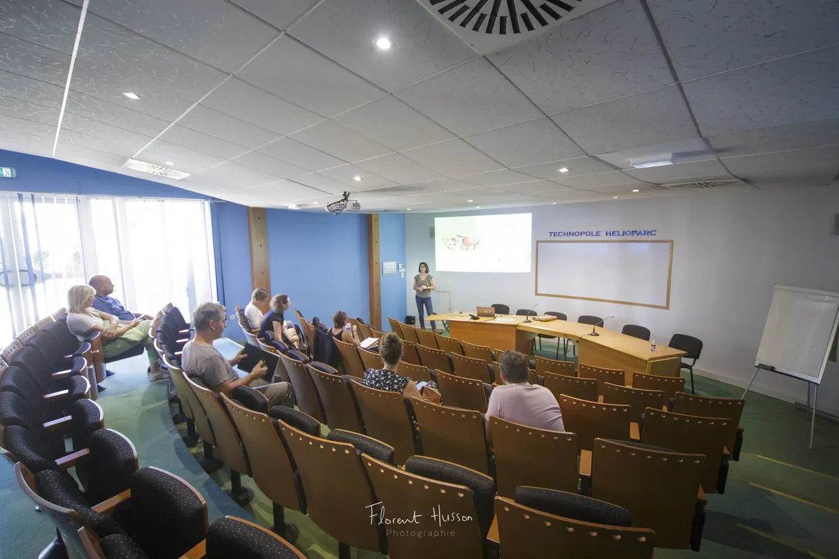 Séance de présentation Graines de Compost devant un public assis dans une salle de réunion