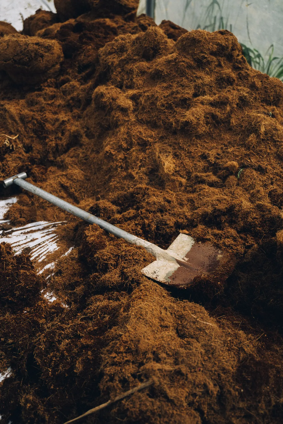 Pelle plantée dans un tas de compost brun, matière en transformation