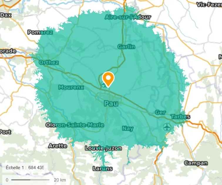 Carte de la zone d'intervention : cercle d'environ 50 km autour de Pau, couvrant le Béarn et les communes limitrophes de la Bigorre, des Landes et du Gers